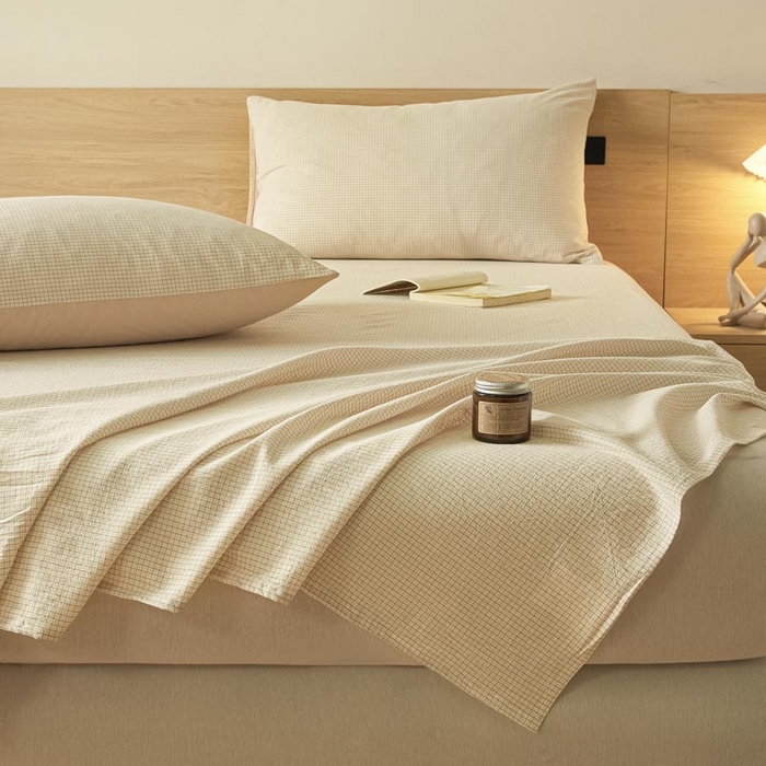 91家纺网 家纺一手货源 找家纺 ab家纺 2025新款简约色织水洗棉床单 可颂-黄