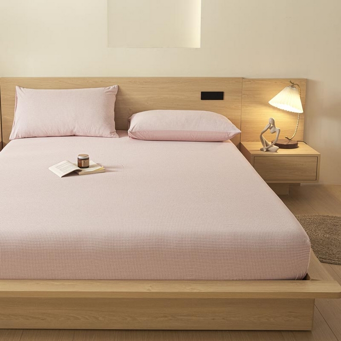 91家纺网 家纺一手货源 找家纺 ab家纺 2025新款简约色织水洗棉床笠 可颂-粉