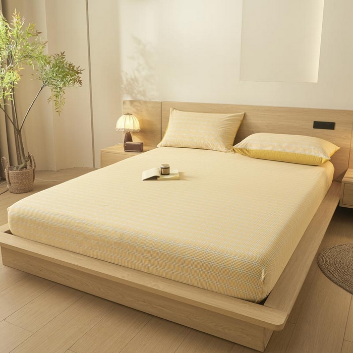 91家纺网 家纺一手货源 找家纺 ab家纺 2025新款简约色织水洗棉床笠 芙卡格-黄