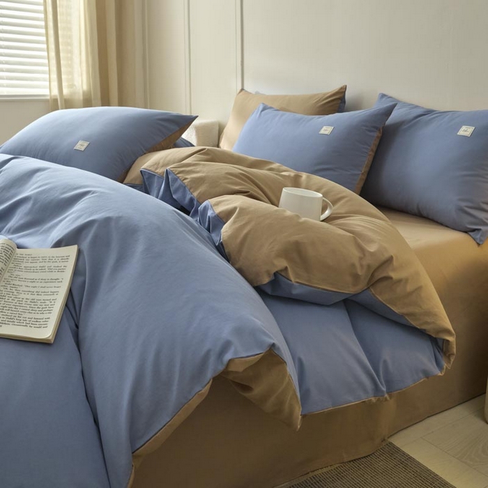 91家纺网 家纺一手货源 找家纺 ab家纺 2025新款色织全棉40支水洗棉四件套--双拼第二组 宾利蓝米咖