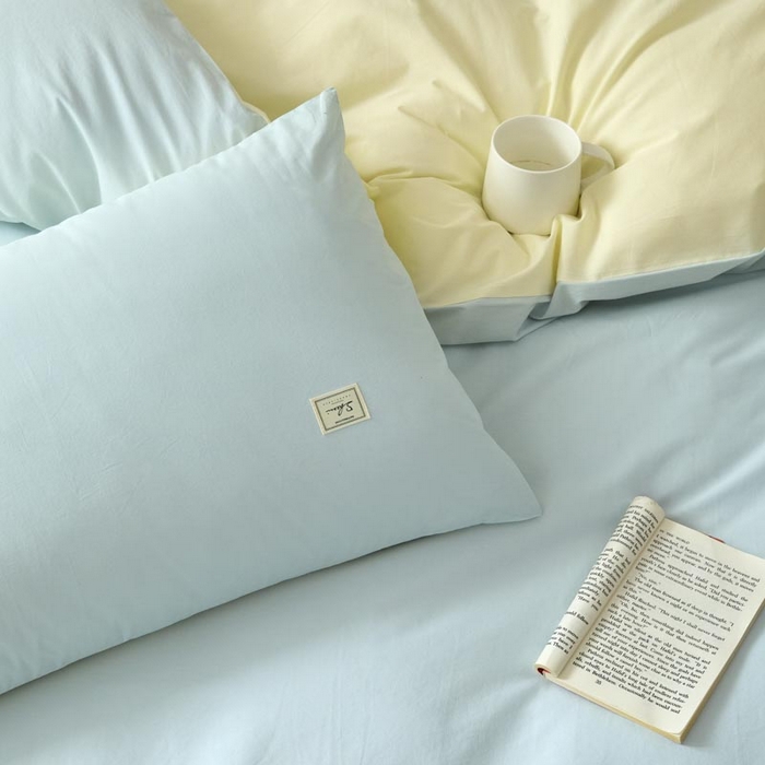 91家纺网 家纺一手货源 找家纺 ab家纺 2025新款色织全棉40支水洗棉四件套--双拼第二组 天空蓝杏黄