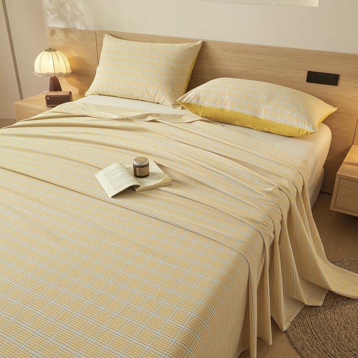 91家纺网 家纺一手货源 找家纺 ab家纺 2025新款简约色织水洗棉床单 芙卡格-黄