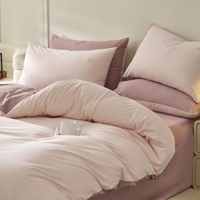 91家纺网 家纺一手货源 找家纺 ab家纺 2025新款色织全棉40支水洗棉四件套--双拼第二组 微微粉豆沙