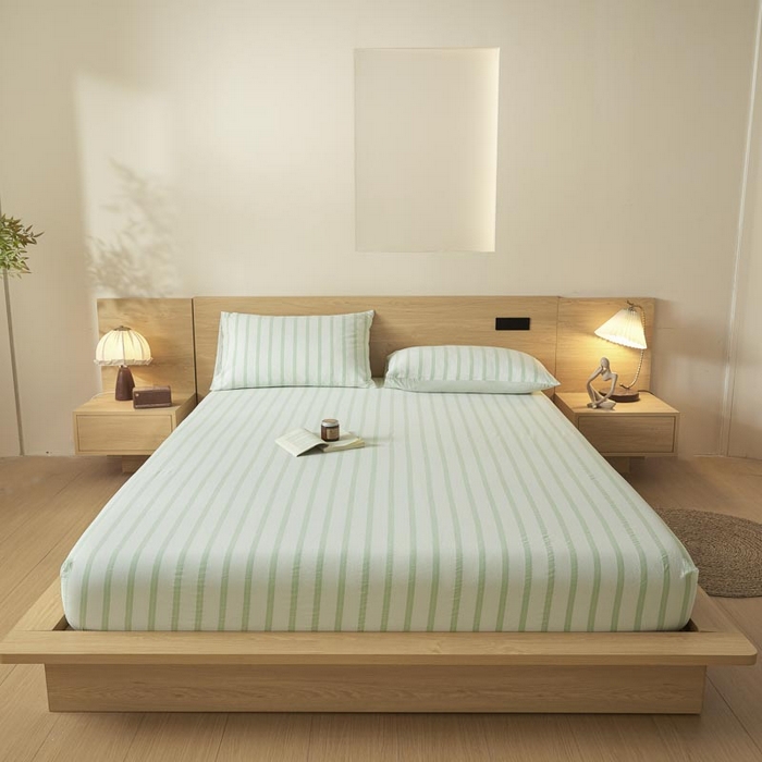 91家纺网 家纺一手货源 找家纺 ab家纺 2025新款简约色织水洗棉床笠 平行线-绿