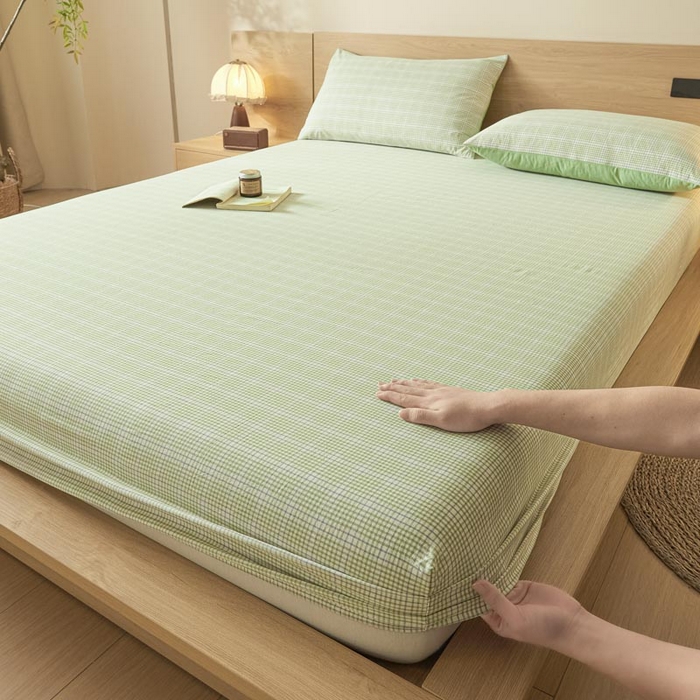 91家纺网 家纺一手货源 找家纺 ab家纺 2025新款简约色织水洗棉床笠 可颂-绿