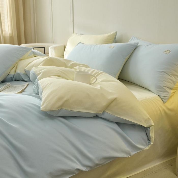 91家纺网 家纺一手货源 找家纺 ab家纺 2025新款色织全棉40支水洗棉四件套--双拼第二组 天空蓝杏黄