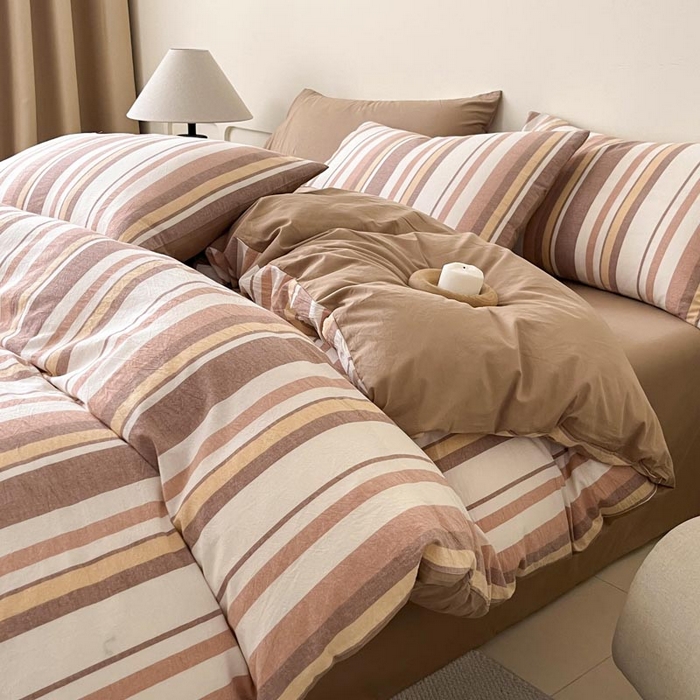 91家纺网 家纺一手货源 找家纺 ab家纺 2024新款色织全棉40支水洗棉条纹四件套  拉菲尔-咖