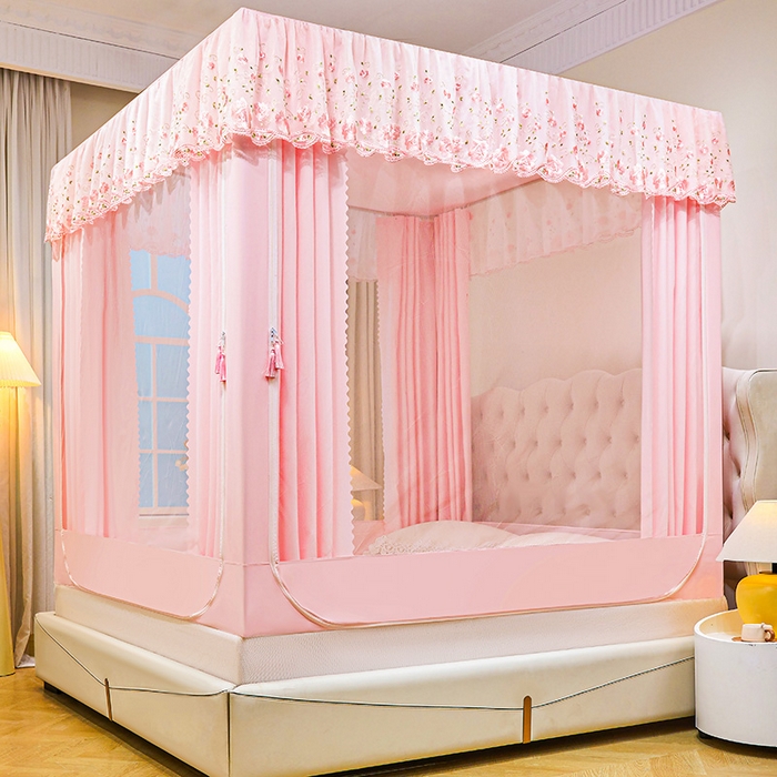 91家纺网 家纺一手货源 找家纺 艾晶美家纺有限公司 2025新款坐式刺绣床帘蚊帐 樱花粉