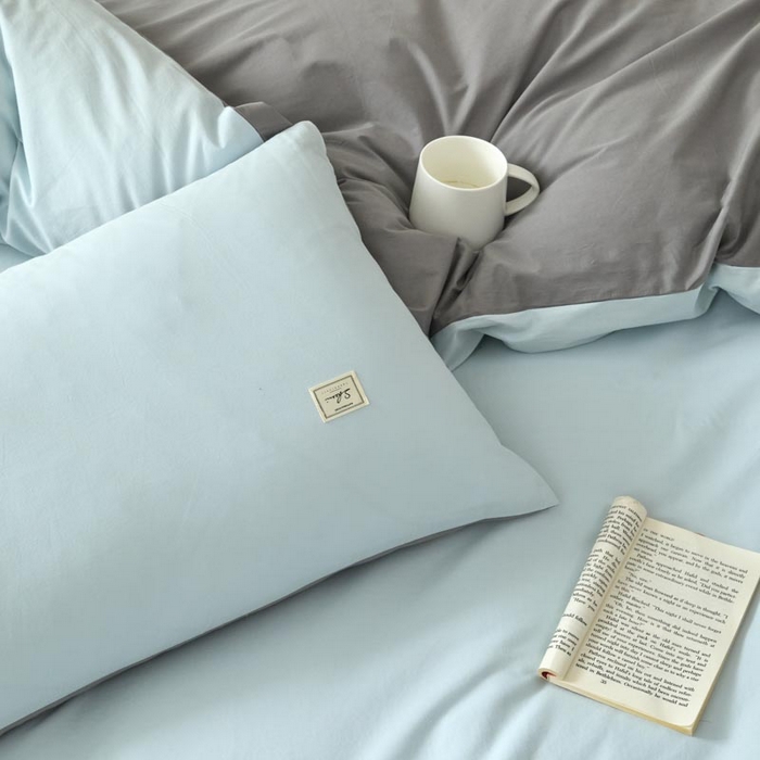 91家纺网 家纺一手货源 找家纺 ab家纺 2025新款色织全棉40支水洗棉四件套--双拼第二组 天空蓝深灰