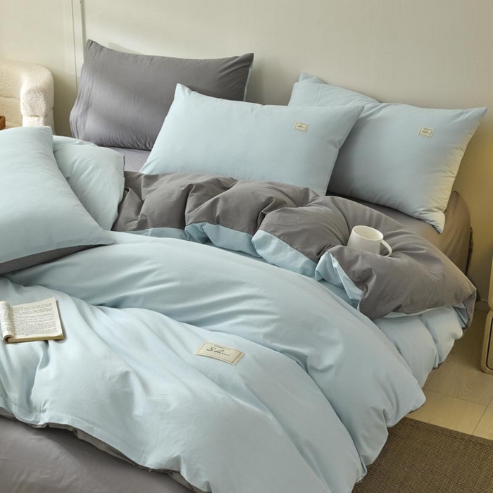 91家纺网 家纺一手货源 找家纺 ab家纺 2025新款色织全棉40支水洗棉四件套--双拼第二组 天空蓝深灰