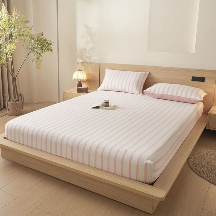 91家纺网 家纺一手货源 找家纺 ab家纺 2025新款简约色织水洗棉床笠 平行线-桔