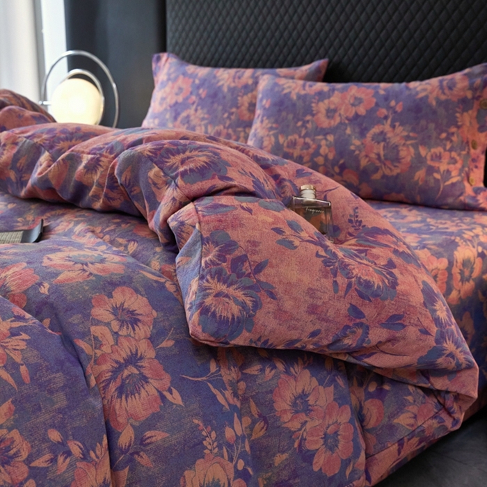 91家纺网 家纺一手货源 找家纺 鲁爱 2025新款全棉色织双层纱纽扣款四件套 满庭芳