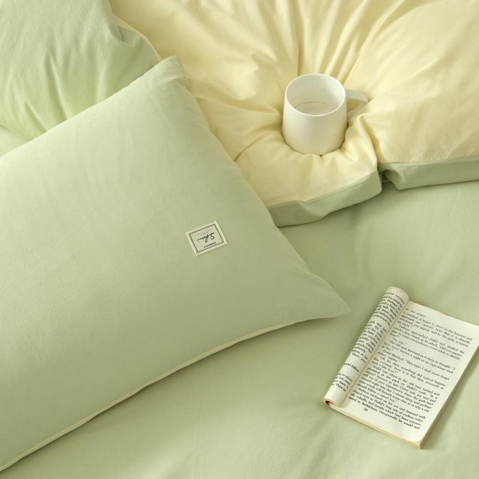 91家纺网 家纺一手货源 找家纺 ab家纺 2025新款色织全棉40支水洗棉四件套--双拼第二组 橄榄绿杏黄