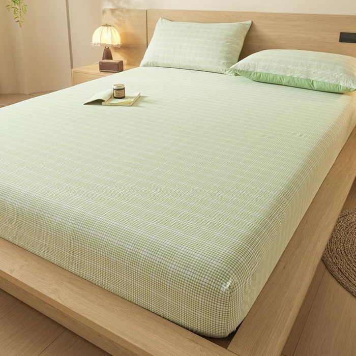 91家纺网 家纺一手货源 找家纺 ab家纺 2025新款简约色织水洗棉床笠 可颂-绿