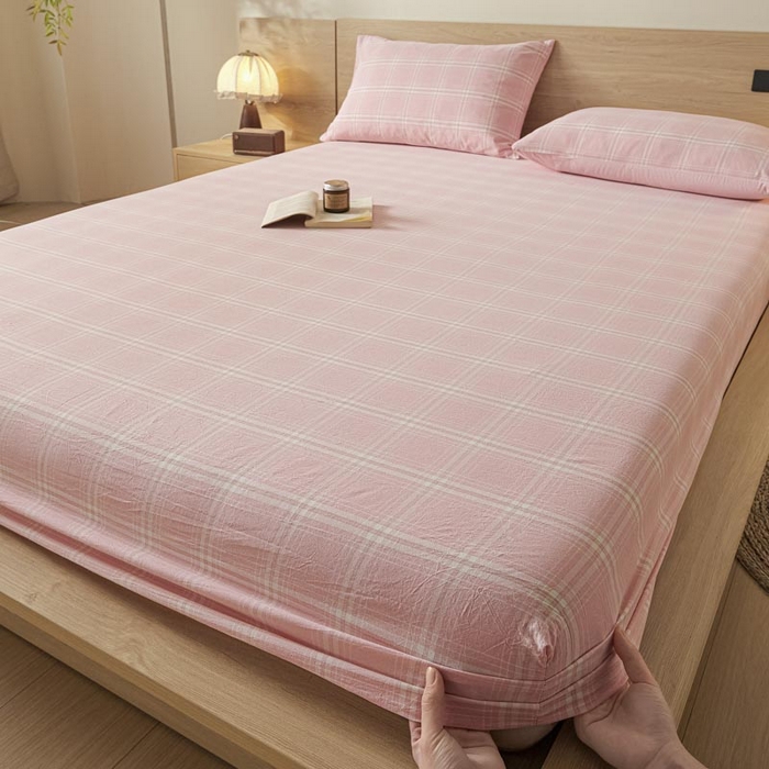 91家纺网 家纺一手货源 找家纺 ab家纺 2025新款简约色织水洗棉床笠 希格文-粉