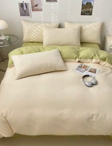 91家纺网 家纺一手货源 找家纺 曼之夏 2025新款全棉双拼四件套 贴标-米色+草绿