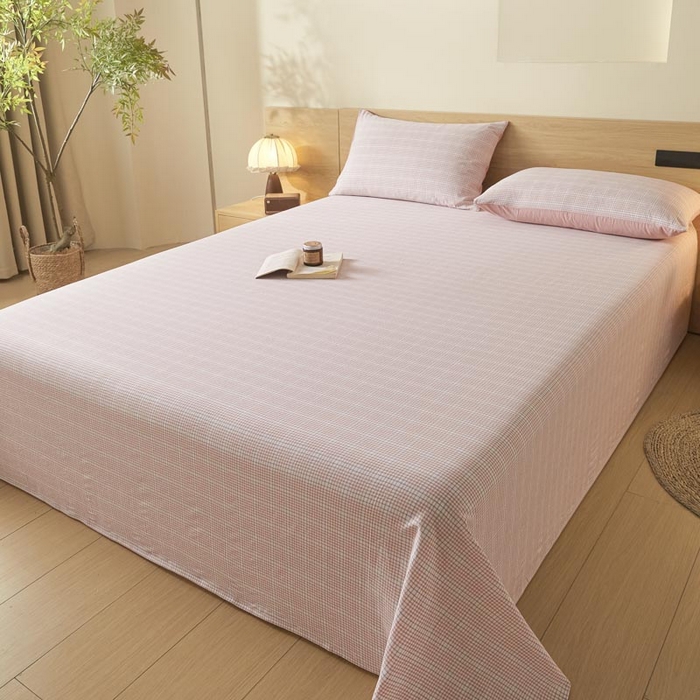 91家纺网 家纺一手货源 找家纺 ab家纺 2025新款简约色织水洗棉床单 芙卡格-粉