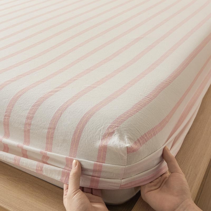 91家纺网 家纺一手货源 找家纺 ab家纺 2025新款简约色织水洗棉床笠 平行线-桔