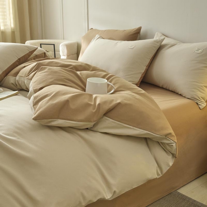 91家纺网 家纺一手货源 找家纺 ab家纺 2025新款色织全棉40支水洗棉四件套--双拼第二组 卡其米咖