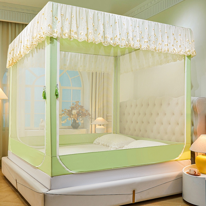 91家纺网 家纺一手货源 找家纺 艾晶美家纺有限公司 2025新款坐式刺绣床帘蚊帐 青果绿