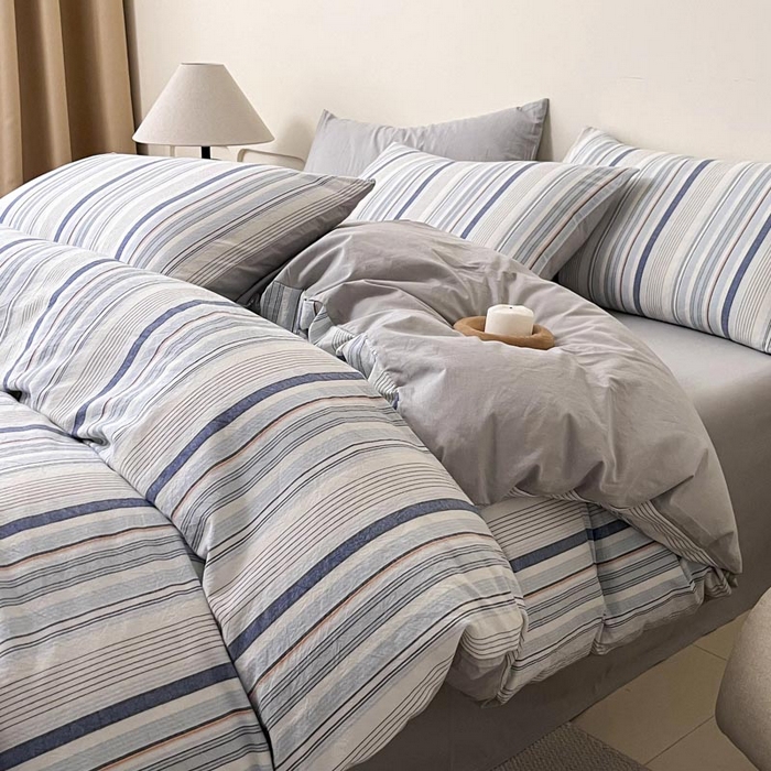 91家纺网 家纺一手货源 找家纺 ab家纺 2024新款色织全棉40支水洗棉条纹四件套  西蒙-蓝