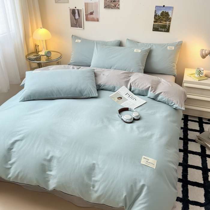 91家纺网 家纺一手货源 找家纺 曼之夏 2025新款全棉双拼四件套 贴标-水兰+米灰