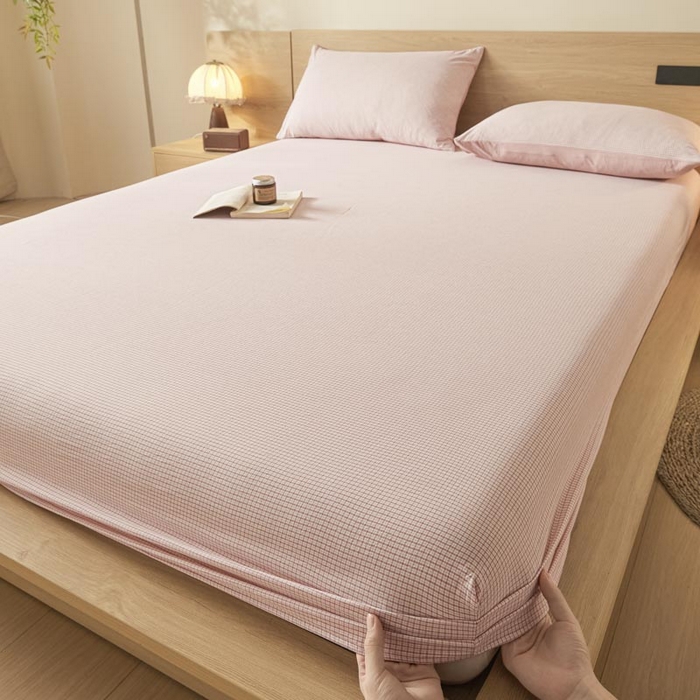 91家纺网 家纺一手货源 找家纺 ab家纺 2025新款简约色织水洗棉床笠 可颂-粉