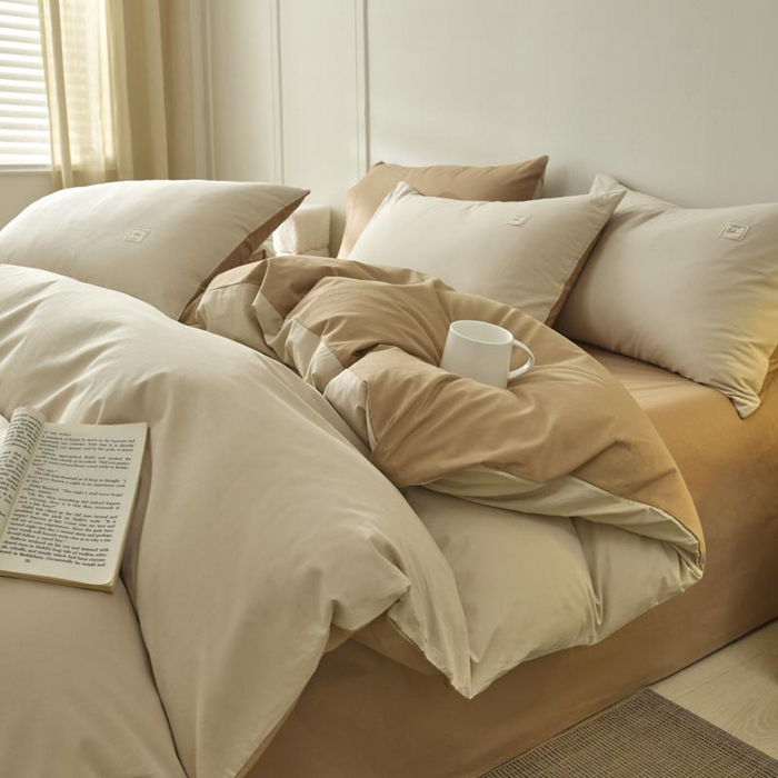 91家纺网 家纺一手货源 找家纺 ab家纺 2025新款色织全棉40支水洗棉四件套--双拼第二组 卡其米咖