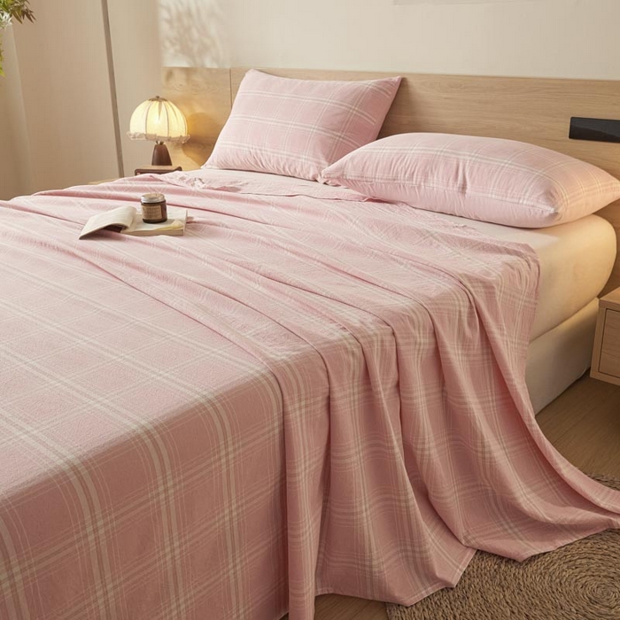 91家纺网 家纺一手货源 找家纺 ab家纺 2025新款简约色织水洗棉床单 希格文-粉