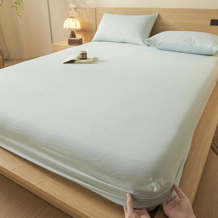 91家纺网 家纺一手货源 找家纺 ab家纺 2025新款简约色织水洗棉床笠 可颂-蓝