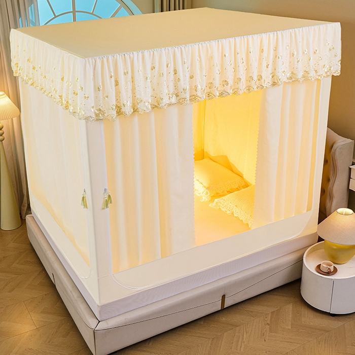 91家纺网 家纺一手货源 找家纺 艾晶美家纺有限公司 2025新款坐式刺绣床帘蚊帐 奶黄色