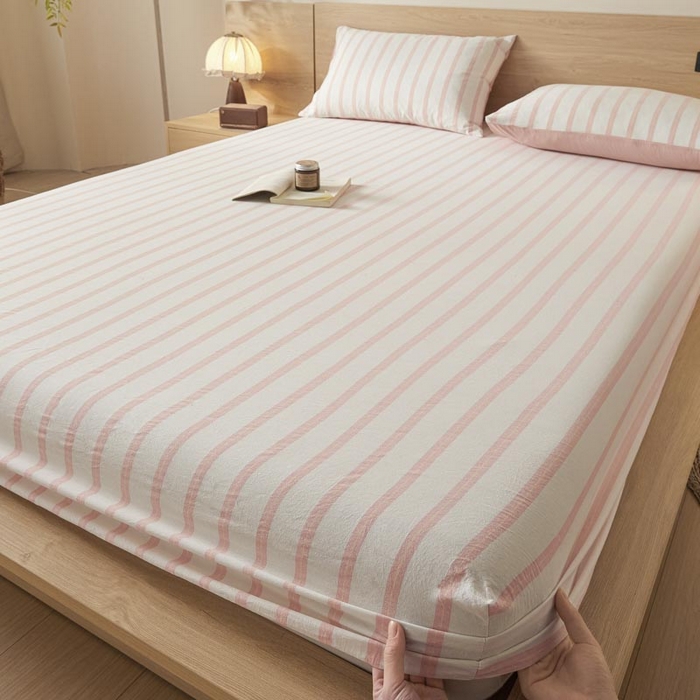 91家纺网 家纺一手货源 找家纺 ab家纺 2025新款简约色织水洗棉床笠 平行线-桔