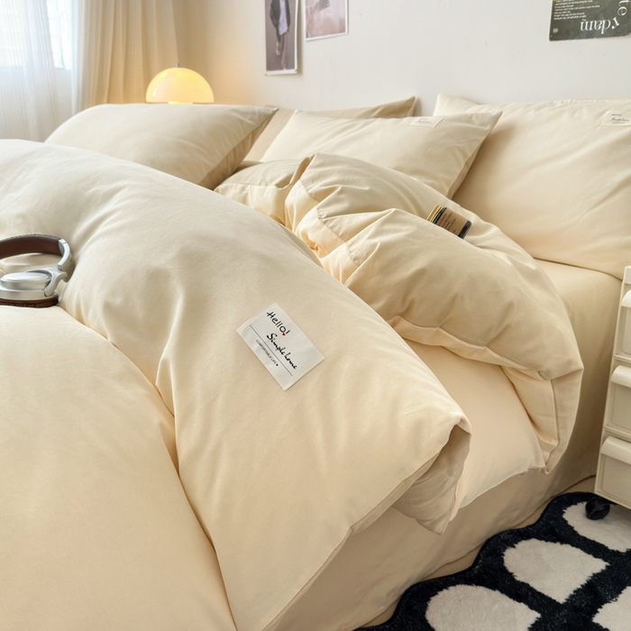 91家纺网 家纺一手货源 找家纺 曼之夏 2025新款全棉双拼四件套 贴标-米色+浅驼