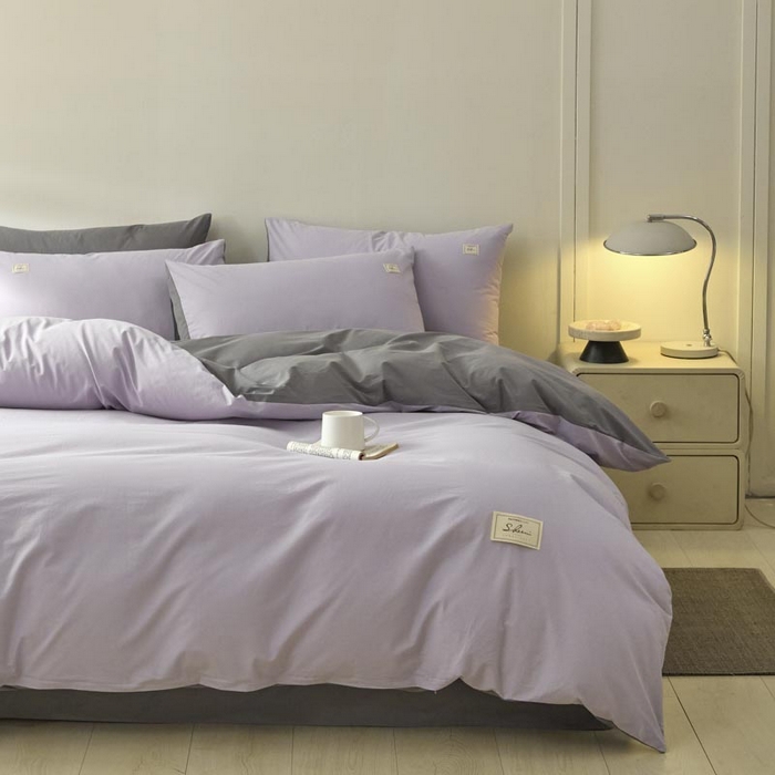 91家纺网 家纺一手货源 找家纺 ab家纺 2025新款色织全棉40支水洗棉四件套--双拼第二组 香芋紫深灰