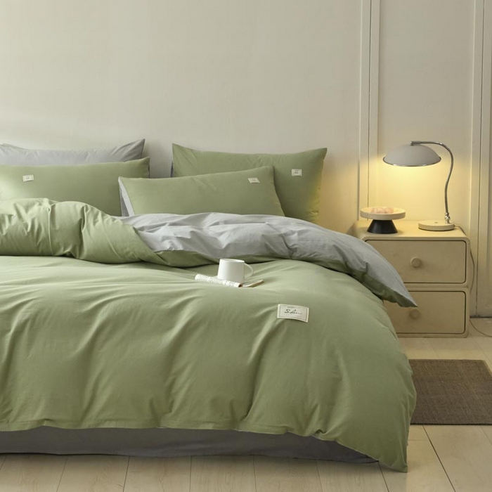 91家纺网 家纺一手货源 找家纺 ab家纺 2025新款色织全棉40支水洗棉四件套--双拼第二组 素绿浅灰