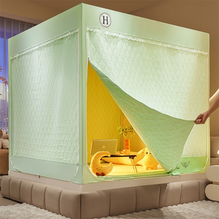 91家纺网 家纺一手货源 找家纺 艾晶美家纺有限公司 2025新款夹棉保暖坐式床帘蚊帐 夹棉款罗曼浅绿