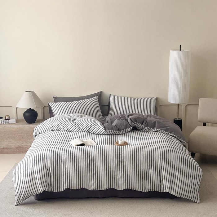 91家纺网 家纺一手货源 找家纺 ab家纺 2024新款色织全棉40支水洗棉条纹四件套  优岸-灰