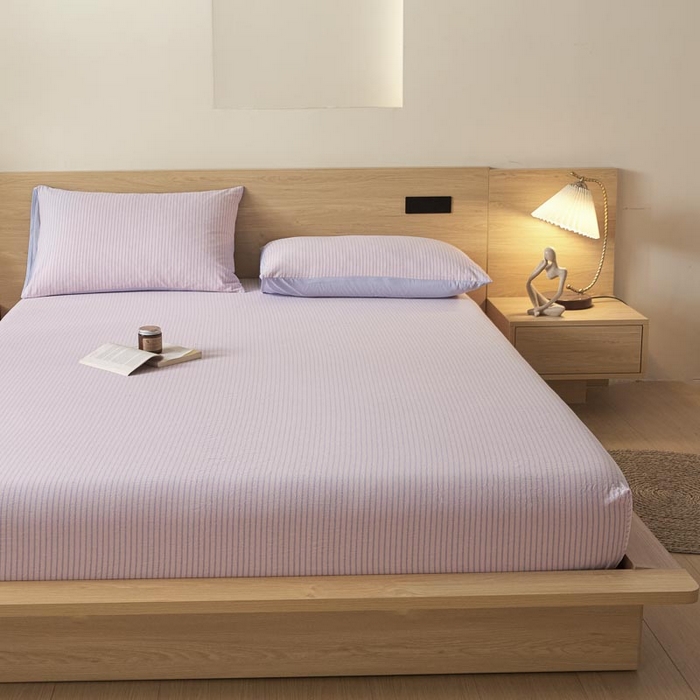 91家纺网 家纺一手货源 找家纺 ab家纺 2025新款简约色织水洗棉床笠 余晖-粉蓝