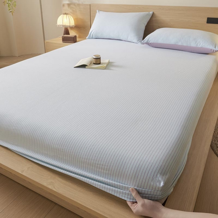 91家纺网 家纺一手货源 找家纺 ab家纺 2025新款简约色织水洗棉床笠 余晖-蓝紫