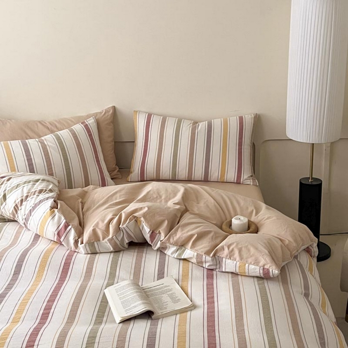 91家纺网 家纺一手货源 找家纺 ab家纺 2024新款色织全棉40支水洗棉条纹四件套  里威 五彩条