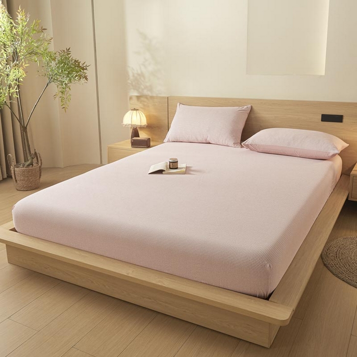 91家纺网 家纺一手货源 找家纺 ab家纺 2025新款简约色织水洗棉床笠 可颂-粉