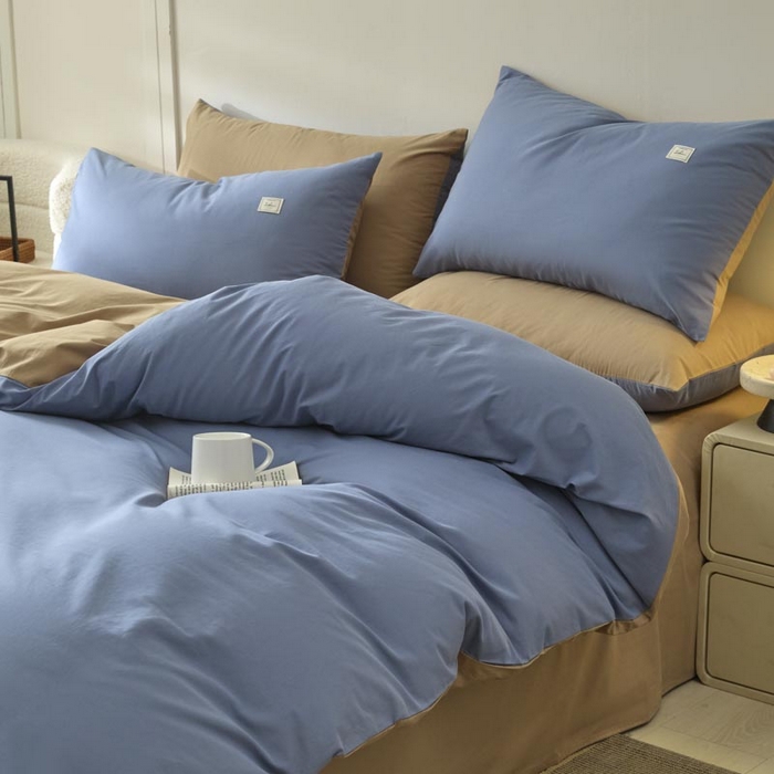 91家纺网 家纺一手货源 找家纺 ab家纺 2025新款色织全棉40支水洗棉四件套--双拼第二组 宾利蓝米咖