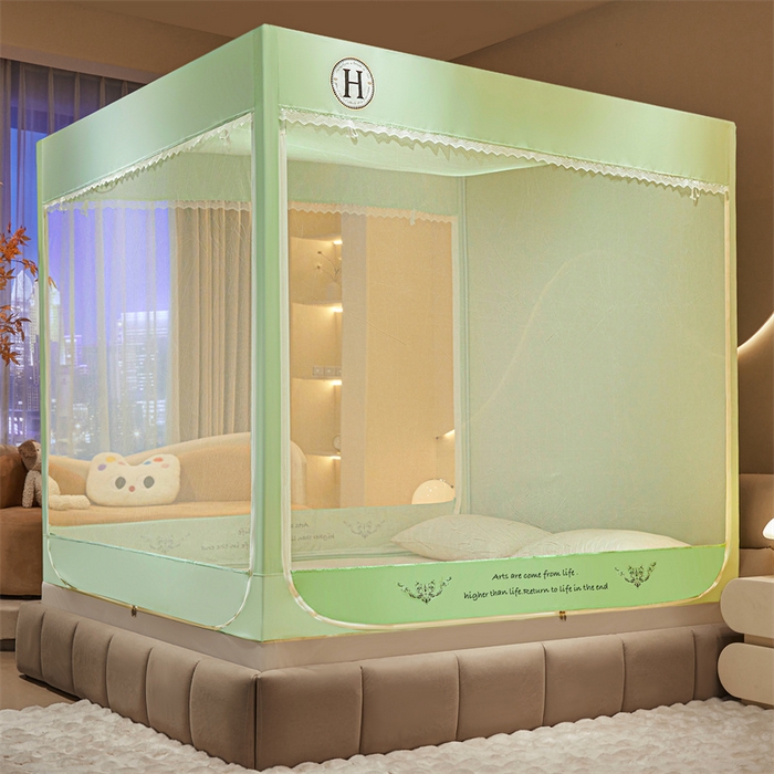 91家纺网 家纺一手货源 找家纺 艾晶美家纺有限公司 2025新款夹棉保暖坐式床帘蚊帐 夹棉款罗曼浅绿