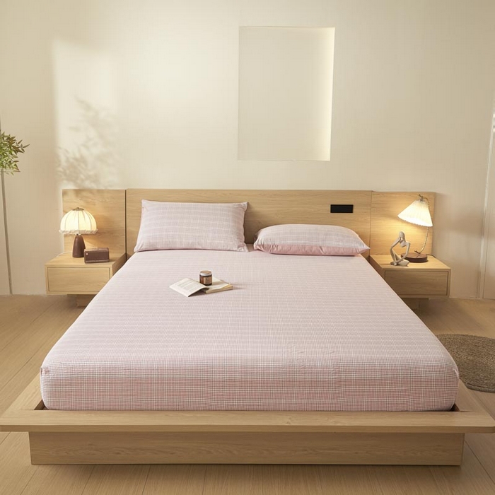 91家纺网 家纺一手货源 找家纺 ab家纺 2025新款简约色织水洗棉床笠 芙卡格-粉