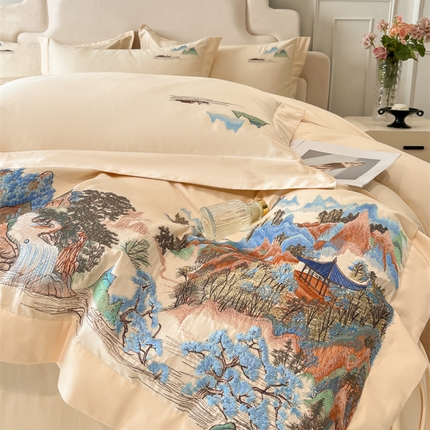 91家纺网 家纺一手货源 找家纺 帝王家纺 2025新款亲肤棉磨毛重工绣花四件套-锦绣山河 锦绣山河-爱马橙