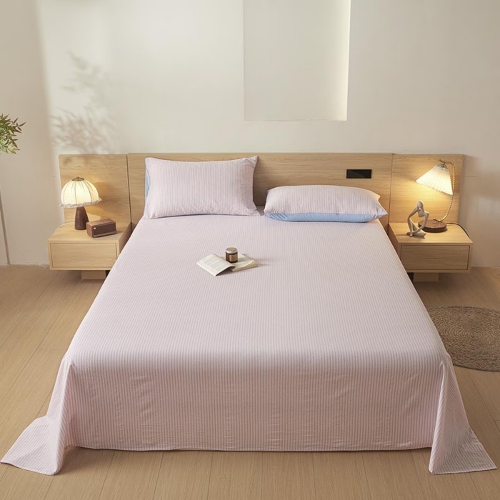 91家纺网 家纺一手货源 找家纺 ab家纺 2025新款简约色织水洗棉床单 余晖-粉蓝