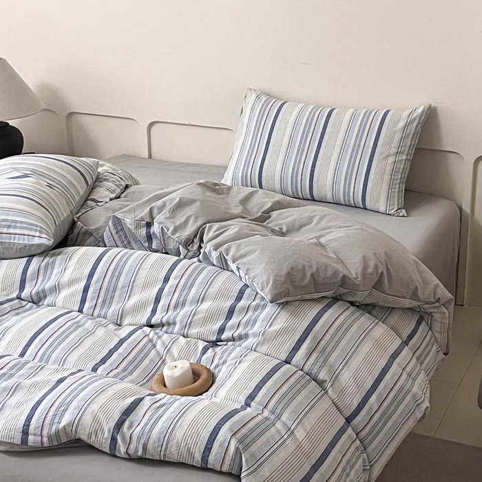 91家纺网 家纺一手货源 找家纺 ab家纺 2024新款色织全棉40支水洗棉条纹四件套  西蒙-蓝