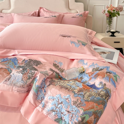 91家纺网 家纺一手货源 找家纺 帝王家纺 2025新款亲肤棉磨毛重工绣花四件套-锦绣山河 锦绣山河-爱马橙