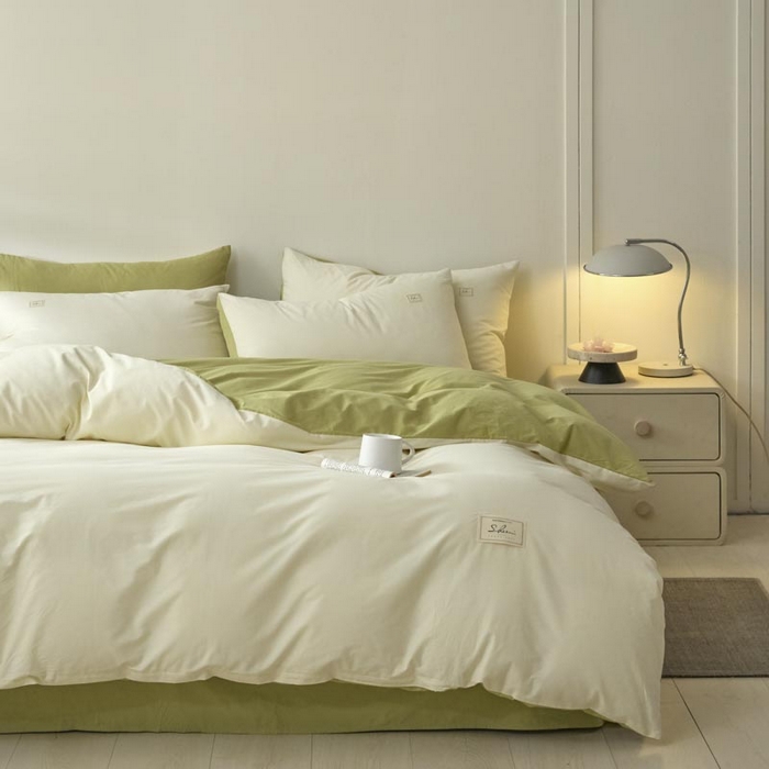 91家纺网 家纺一手货源 找家纺 ab家纺 2025新款色织全棉40支水洗棉四件套--双拼第二组 杏黄橄榄绿