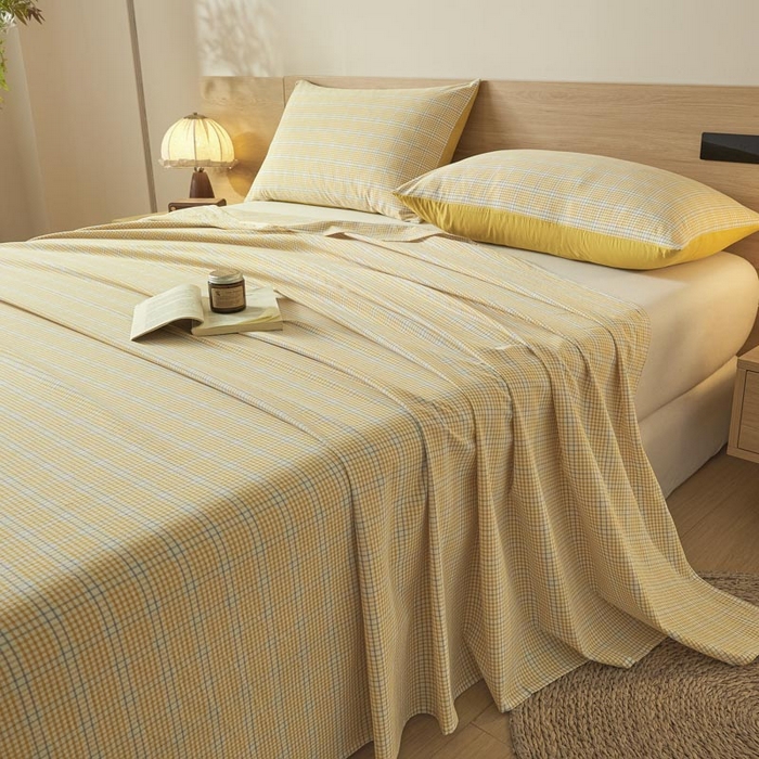 91家纺网 家纺一手货源 找家纺 ab家纺 2025新款简约色织水洗棉床单 芙卡格-黄